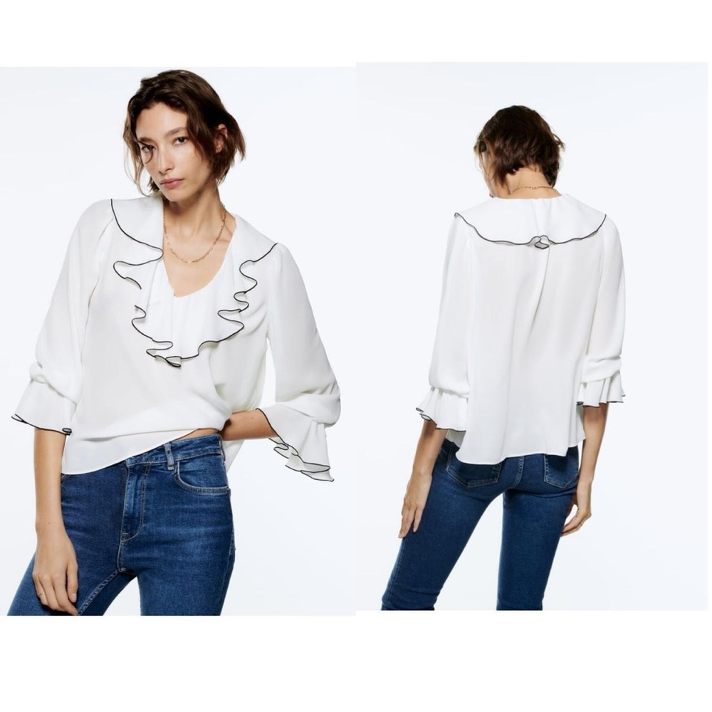 ZARA WHITE RUFFLED BLOUSE size S